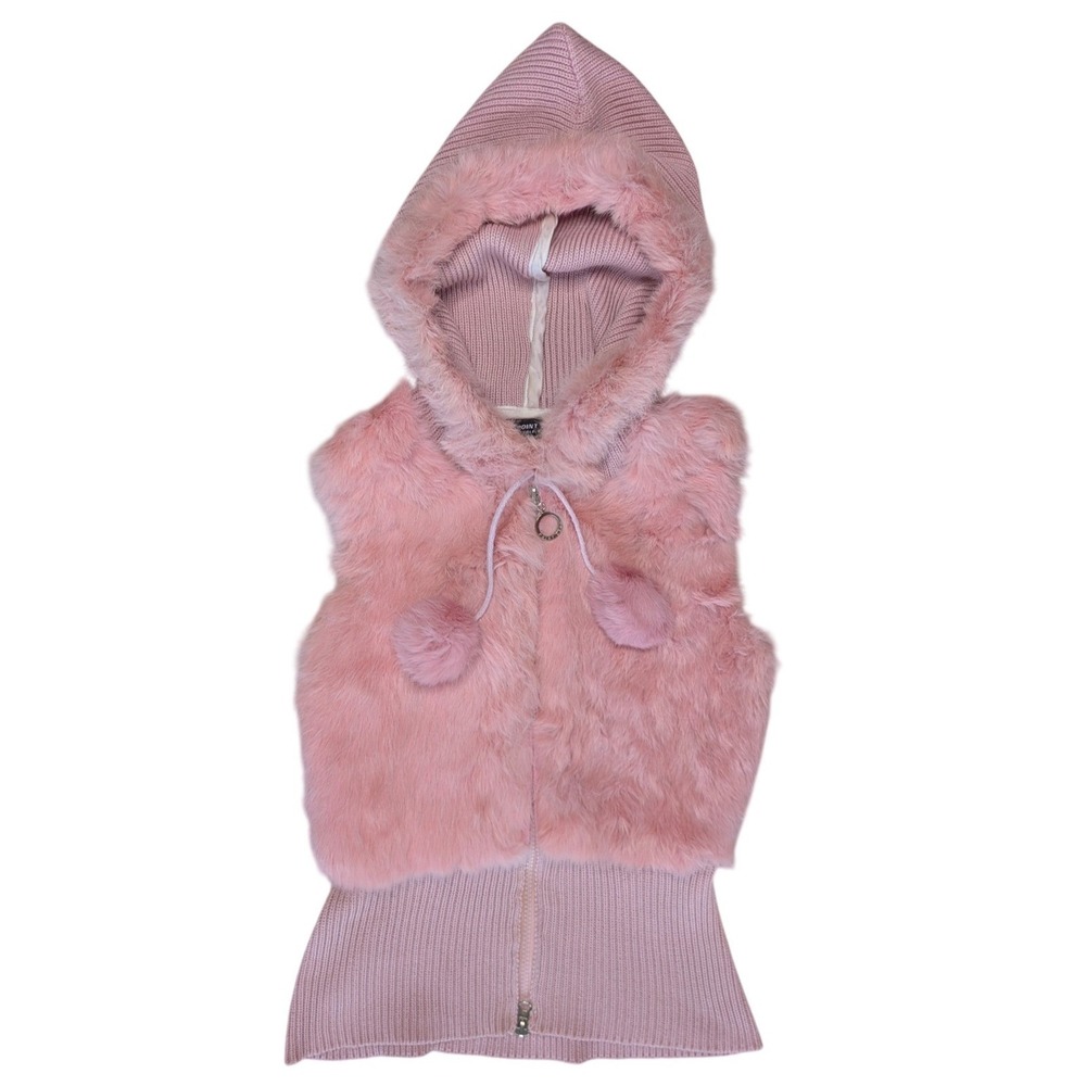 Vintage Y2K Point Zero Pink Rabbit Fur knit Vest Hooded Retro Soft
